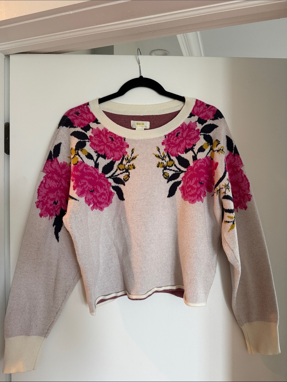 Anthropology Maeve Cream Crewneck Sweater with Pink Floral Detail